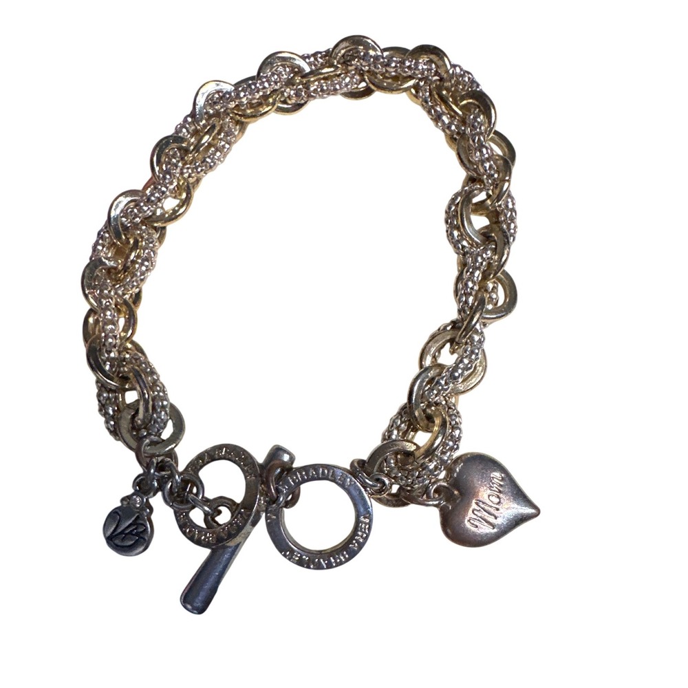 Vera Bradley Mom Heart Charm Bracelet Silver Tone Mixed Link Toggle Clasp Logo